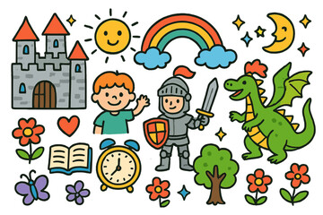 Medieval Time Travel Fun. Colorful Hand-drawn doodle Children illustration Medieval Time Travel castle, knight, dragon, clock, rainbow, sun, moon, star,