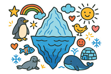 Colorful Iceberg Doodle. Colorful Hand-drawn doodle Children illustration Massive Iceberg [iceberg, penguin, fish, seal, whale,