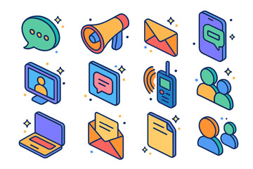 Colorful Communication Icons. Colorful isometric vector icons set of effective communication tools: speech bubble, megaphone, email icon, smartphone, video