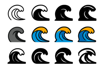 Severe Hurricanes Icon Set. Set Logo of Severe Hurricanes: Crashing waves icon. Logo set in vector style, emblematic variations. line, bold thick line, solid