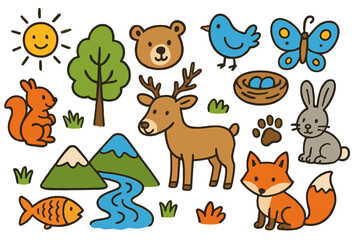 Obraz premium Colorful Wildlife Doodles. Wildlife. Colorful Hand-drawn doodle Children illustration deer, bear, fish, bird, butterfly, rabbit,