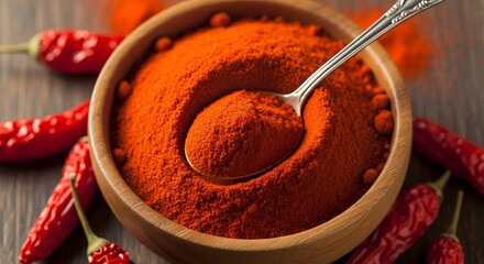 A wooden bowl brimming with vibrant red chili powder, accented by fresh red chili peppers, sits on a dark wooden surface.