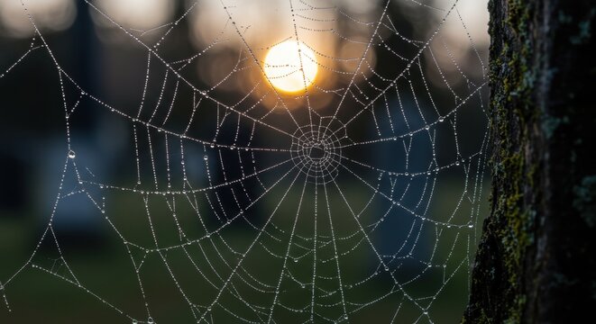 A close-up view of a dewy spider web glistening in the early morning light, with a soft sun rising in the background, creating a serene atmosphere in a tranquil graveyard setting