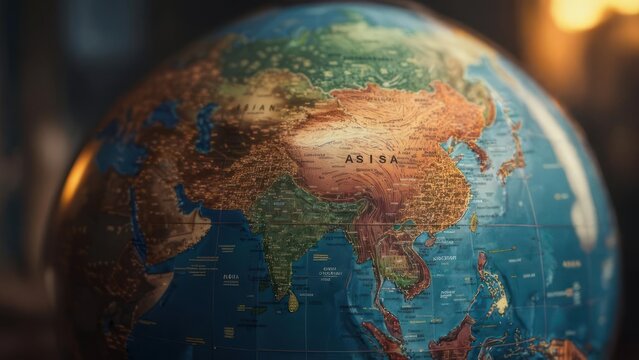 Close-up view of a detailed antique globe showcasing Asia with warm, glowing city lights illuminating continents and oceans