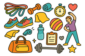 Fitness Equipment Doodles. Resistance Bands. Colorful Hand-drawn doodle Children illustration Resistance Bands stretchy bands, dumbbell, yoga mat, stopwatch,