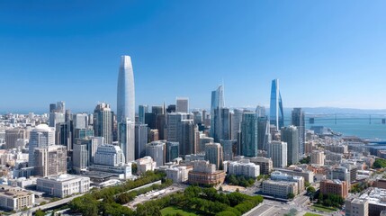 Aerial View of Modern Skyscrapers and Urban Architecture in a Vibrant Cityscape under Clear Blue Sky