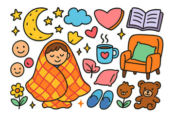 Cozy Evening Doodle. Colorful Hand-drawn doodle Children illustration Relaxing Evening blanket, chair, book, mug, candle, moon, stars, cloud, pillow, heart,