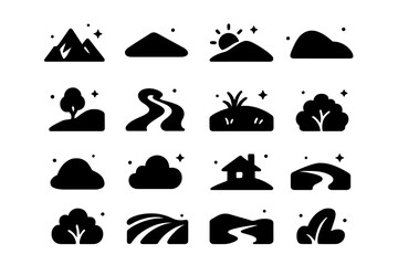 Hills Icon Set. Landscape Hills. Solid icons set of landscape hills: mountain ridge, small hill, sun behind hill, tree on slope, winding path, grassy meadow,