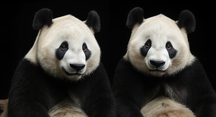 Fototapeta premium Two Giant Pandas Close-Up Portrait, Wildlife Photography, Endangered Species, Black Background