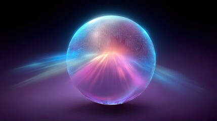 Abstract luminous sphere with vibrant light trails and digital dot patterns in a dark atmospheric background