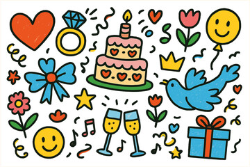 Fototapeta premium Colorful Wedding Doodles. Wedding celebration. Colorful Hand-drawn doodle Children illustration heart, ring, cake, confetti, balloon, flower, ribbon, dove,