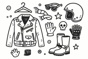 Leather Jacket Doodle. Hand-drawn doodle illustration Leather jacket [leather jacket, zipper, collar, belt, boots, gloves, sunglasses, hanger, buttons, scarf,