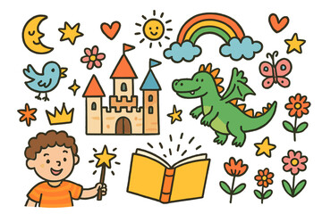 Imaginative Doodle Wonderland. Colorful Hand-drawn doodle Children illustration Imaginative Tales castle, dragon, rainbow, sparkling book, crown, heart, star,