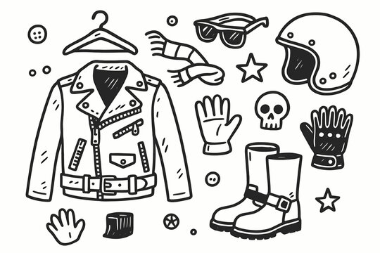Leather Jacket Doodle. Hand-drawn doodle illustration Leather jacket [leather jacket, zipper, collar, belt, boots, gloves, sunglasses, hanger, buttons, scarf,