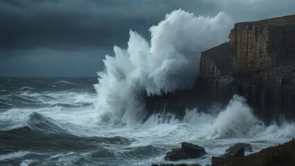 Dramatic ocean waves crash against rugged cliffs under a stormy, dark sky creating a powerful display of nature's raw energy and wild beauty.