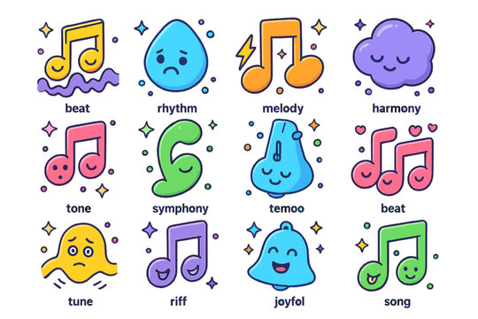 Playful Sound Icons. Colorful isometric vector icons set of sound emotions in playful tones: happy beat icon, sad rhythm,