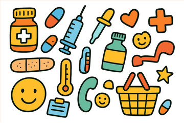 Medicine Doodle Icons. Colorful Hand-drawn doodle Children illustration pharmacy medicine bottle, pill, capsule, syringe, dropper,