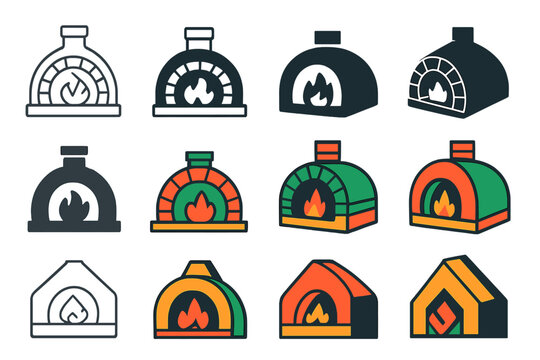 Italian Pizza Oven Logos. Set Logo of Food culture and traditions: Italian wood-fired pizza oven. Logo set in vector style, emblematic variations. line, bold