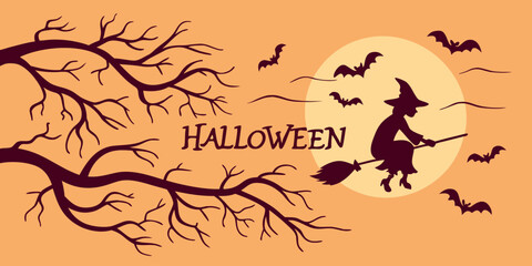 Halloween banner with a horizontal vector logo. The text features spooky tree branches, bats, and a beautiful witch against a full moon background.