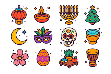 Celebration Icons Grid. Colorful isometric vector icons set of Cultural celebrations and holidays: Chinese lantern, Diwali diya, menorah, Christmas tree,