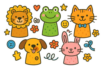 Naklejka premium Colorful Animal Puppets. Animal puppets. Colorful Hand-drawn doodle Children illustration lion puppet, frog puppet, cat puppet, dog puppet, rabbit puppet,