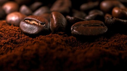Dark roasted coffee beans resting on a bed of finely ground coffee, showing rich brown texture and preparing for brewing