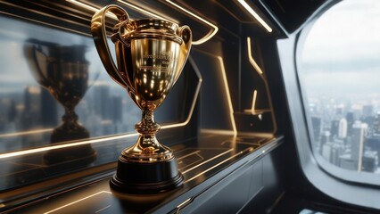 Stunning golden trophy gleams in modern, luxurious office setting overlooking city skyline, symbolizing achievement and success.