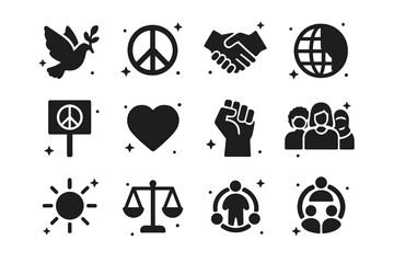 Icons of Peace. Peace. Solid icons set of dove, olive branch, peace symbol, handshake, globe, protest sign, heart, raised fist, diverse people, sun, equality