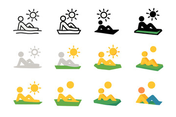 Sunbather Logo Variations. Set Logo of outdoor lounging: sunbather on grass. Logo set in vector style, emblematic variations. line, bold thick line, solid