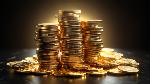 Gleaming stacks of gold coins shimmer with wealth and prosperity, symbolizing financial success and investment opportunities