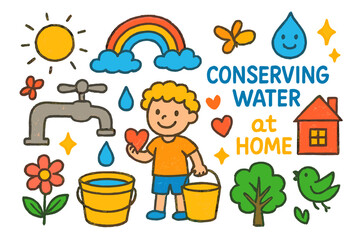 Conserve Water Doodle. Colorful Hand-drawn doodle Children illustration Conserving Water at Home faucet, bucket, water droplet, rainbow, child smiling, flower,