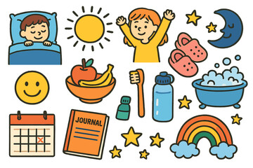 Bedtime Wellness Doodle. Colorful Hand-drawn doodle Children illustration Wellness routine bedtime, stretching arms, healthy snack, sun, moon, happy face, bath
