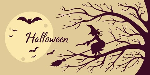  Halloween horizontal banner with vector logo. The inscription with ominous tree branches, bats and a pretty witch on a background of the full moon.