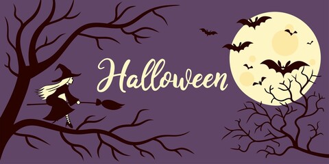  Halloween horizontal banner with vector logo. The inscription with ominous tree branches, bats and a pretty witch on a background of the full moon.