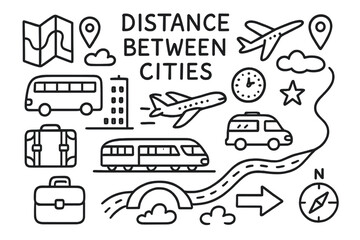 City Connection Doodles. Hand-drawn doodle illustration Distance between cities [map, gps pin, road, train, airplane, bus, car, bridge, suitcase, clock, star,
