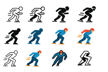 Naklejka premium Speed Skater Logos. Set Logo of Fast-Paced Sports: speed skater in motion. Logo set in vector style, emblematic variations. line, bold thick line, solid black