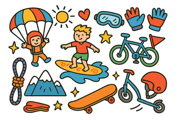 Extreme Sports Doodle. Extreme sports. Colorful Hand-drawn doodle Children illustration parachutist, skateboard, surfboard, bicycle, helmet, goggles, star,