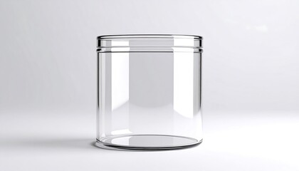 Empty clear glass jar on plain background