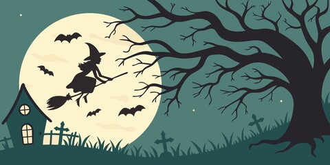  Halloween horizontal banner with vector logo. The inscription with ominous tree branches, bats and a pretty witch on a background of the full moon.