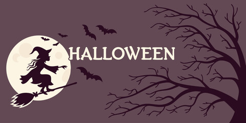 Halloween horizontal banner with vector logo. The inscription with ominous tree branches, bats and a pretty witch on a background of the full moon.
