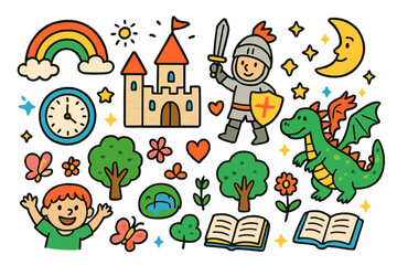 Medieval Time Travel Fun. Colorful Hand-drawn doodle Children illustration Medieval Time Travel castle, knight, dragon, clock, rainbow, sun, moon, star,