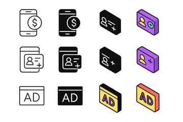 App Monetization Icons. Icon Set of App Monetization: In-app purchase, Subscription card, Ad banner. Icons set in vector style, emblematic variations. In-app