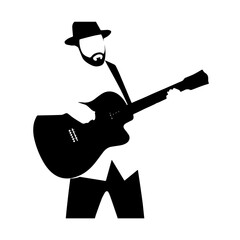Black and white line art of a cool man playing guitar in casual outfit minimalist stylish illustration
