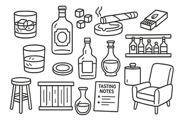 Whiskey Bar Icons. Whiskey bar vibes. Hand-drawn doodle illustration whiskey bar vibes whiskey glass, ice cubes, whiskey bottle, cigar, ashtray, matchbox, bar