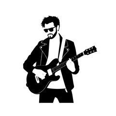 Obraz premium Black and white line art of a cool man playing guitar in casual outfit minimalist stylish illustration