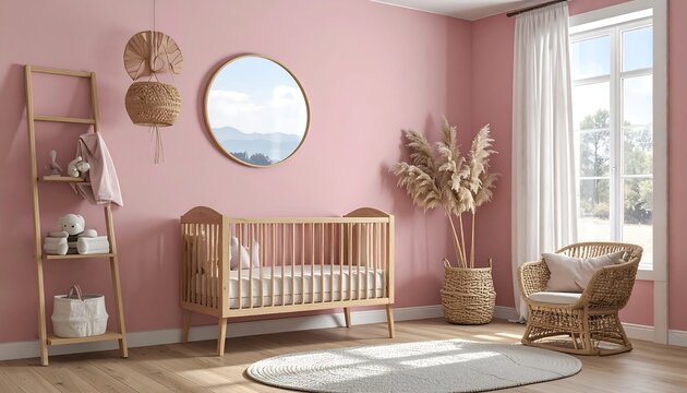 Pink nursery with wooden crib