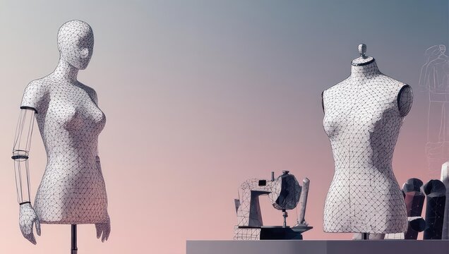 Modern fashion design studio with wireframe mannequins and vintage sewing machine evokes creativity and innovation in tailoring - Powered by Adobe