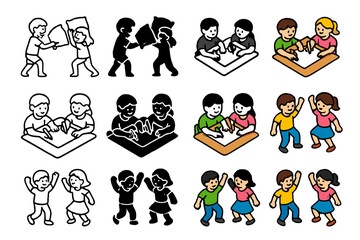 Naklejka premium Fun Sibling Activities Icons. Icon Set of Fun sibling activities: pillow fight, drawing together, dancing. Icons set in vector style, emblematic variations.