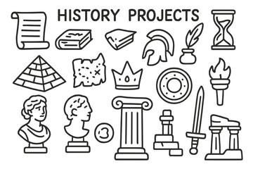 Obraz premium History Projects Icons. History projects. Hand-drawn doodle illustration history projects scroll, ancient book, quill, hourglass, pyramid, helmet, shield,
