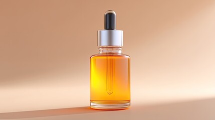 Transparent bottle of essential oil with dropper on beige background glowing in soft light